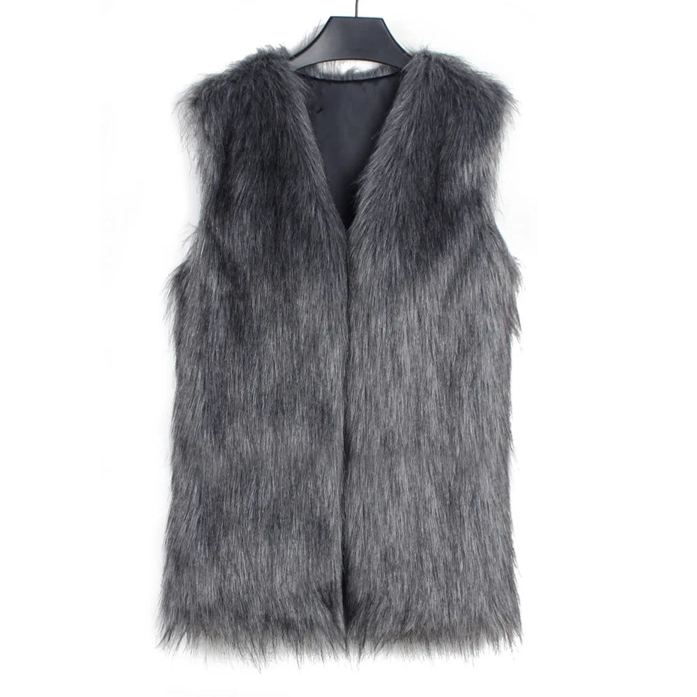 VigoCasey 2025 White Sleeveless Thick Faux Fur Vest Coat Woman V Neck Plush Warm Waistcoat Lady Autumn Winter Fluffy Vest Jacket