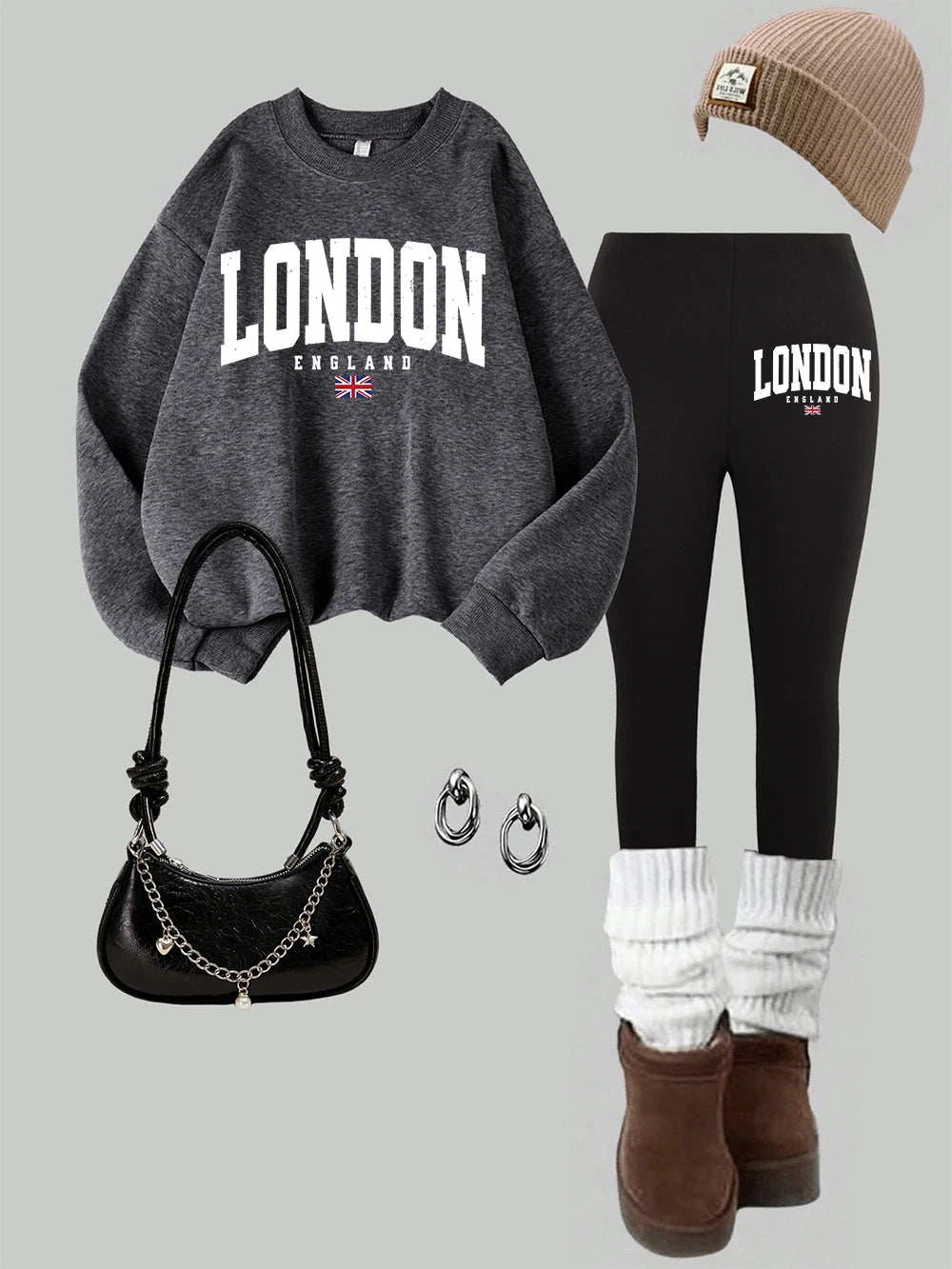 2 Piece Womens London England Flag Printing Sweatshirts Leggings Set Street Fleece Thermal Hoodie Pants Winter Womans Clothes