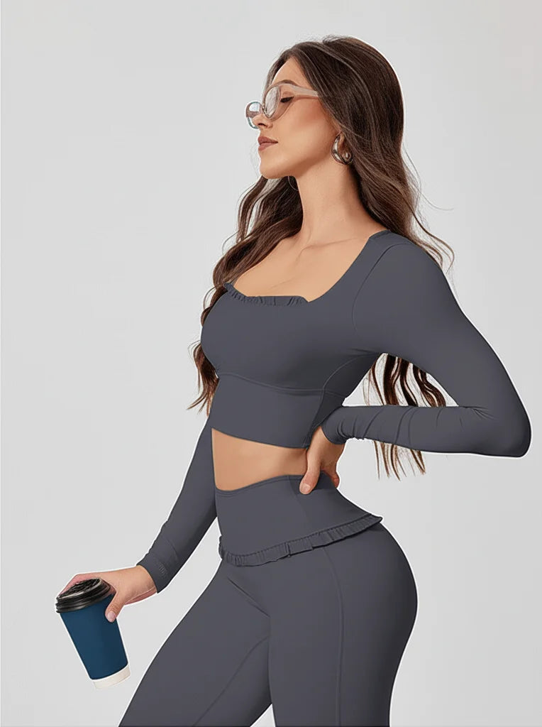 2-Piece Frill Yoga Set Women High Waist Tummy Control Flared Pants Long Sleeve Top Activewear Gym Running Classic Dark Grey