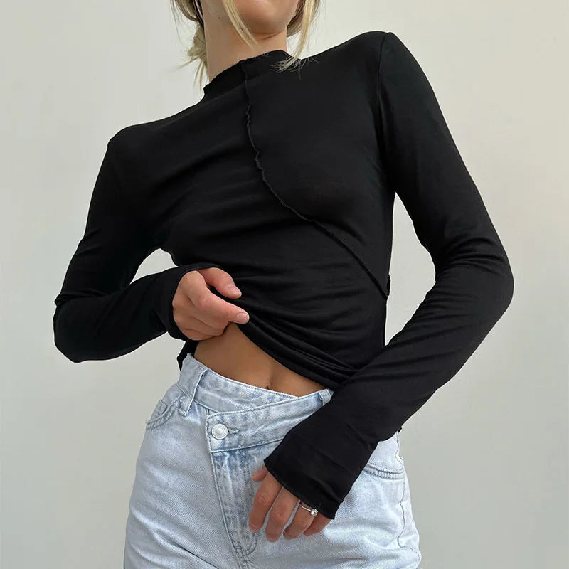 2025 Turtleneck Y2K Long Sleeve T Shirts Women White Autumn Winter Casual Black Basic Gray Sexy Tops 90s Fashion Vintage