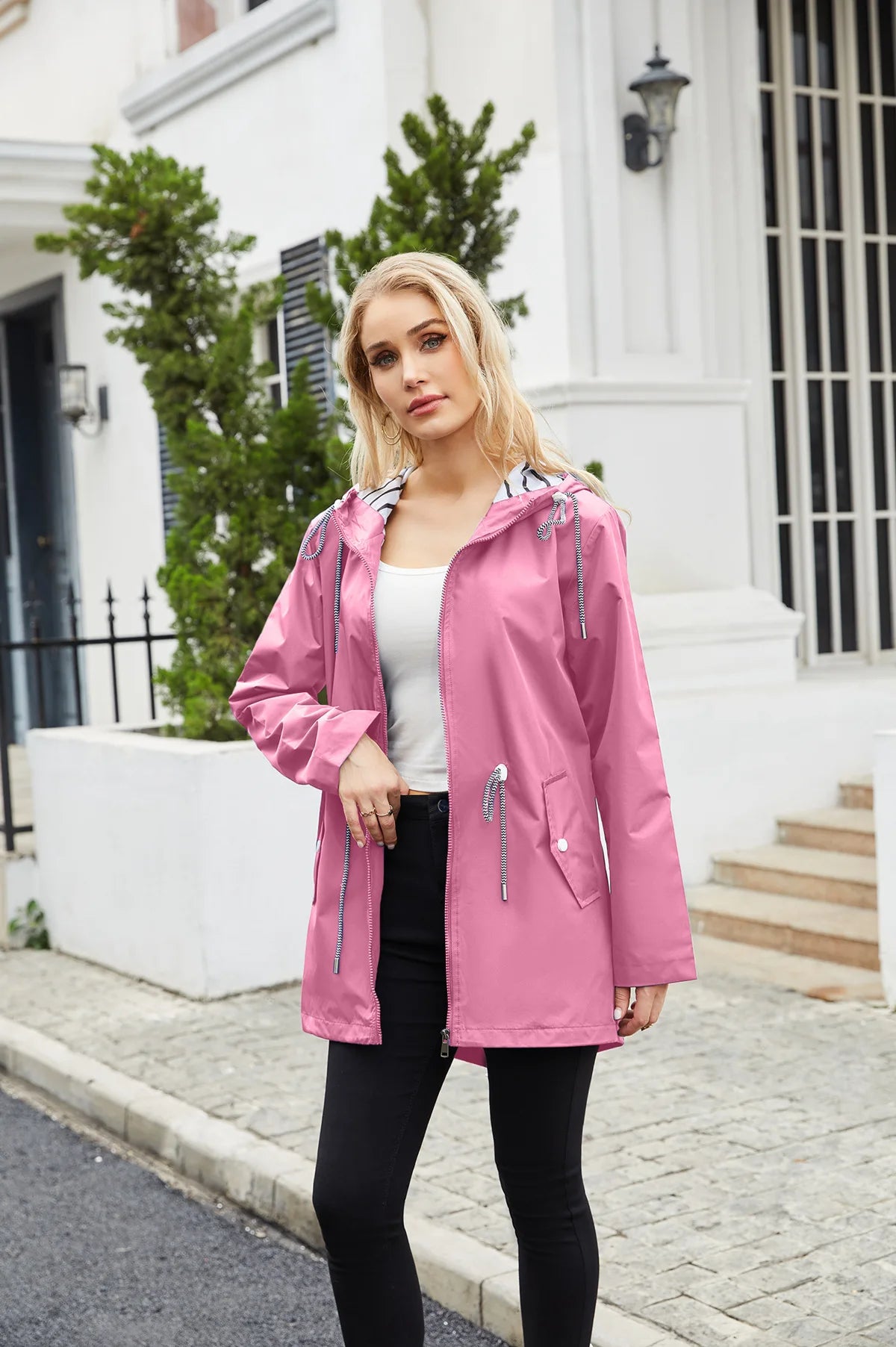 Red Waterproof Hooded Jacket, Women Fashion Casual Coat, Waist Drawstring Tie Zipper Switch Blue Green Yellow Black Windbreaker