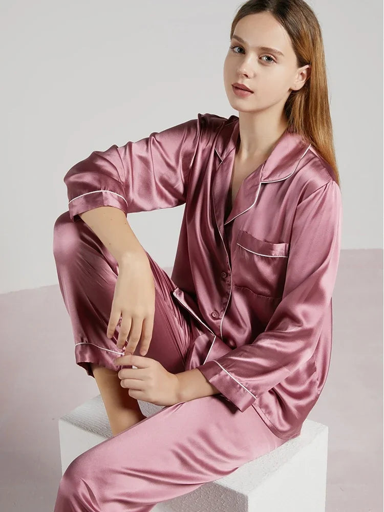 19MM 100% Mulberry Silk Pajamas Women   TrousersTwo-piece Loose   Home Clothes Spring Summer Silk Sleepwear Lady