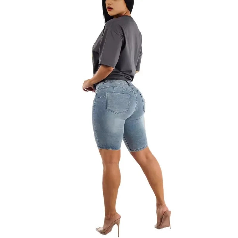 Fashion Solid Slim Butt Lifting Pants Women Elasticity Denim Shorts Casual Slimming Ripped Jeans Temperament Women's Short
