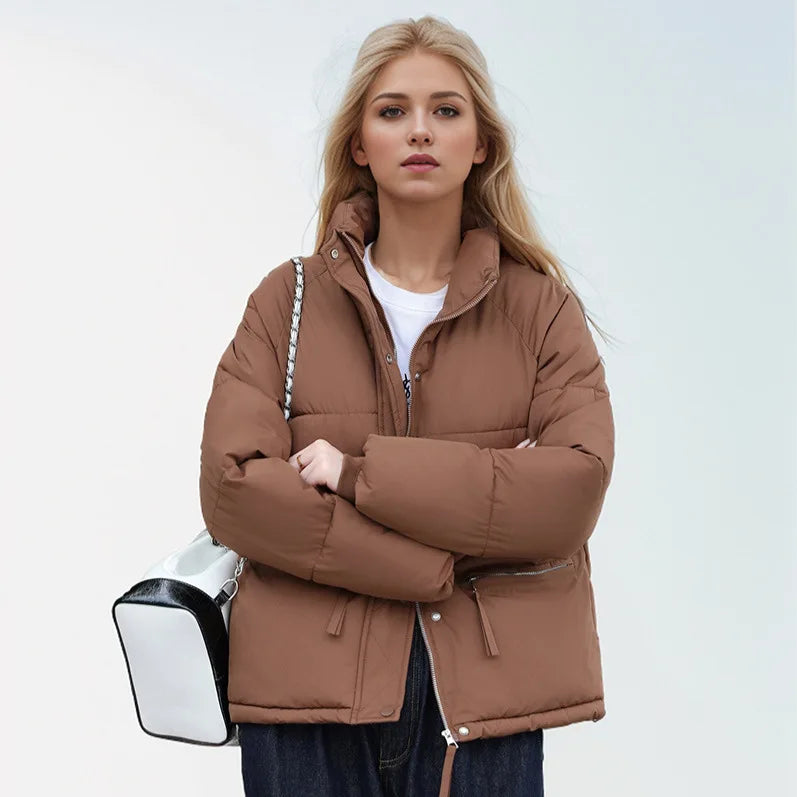Women's Winter Puffer Coat Stand Collar Zipper Fly Pockets Loose Fit Quilted Coat For Female Thickened Lady's Thermal Coat