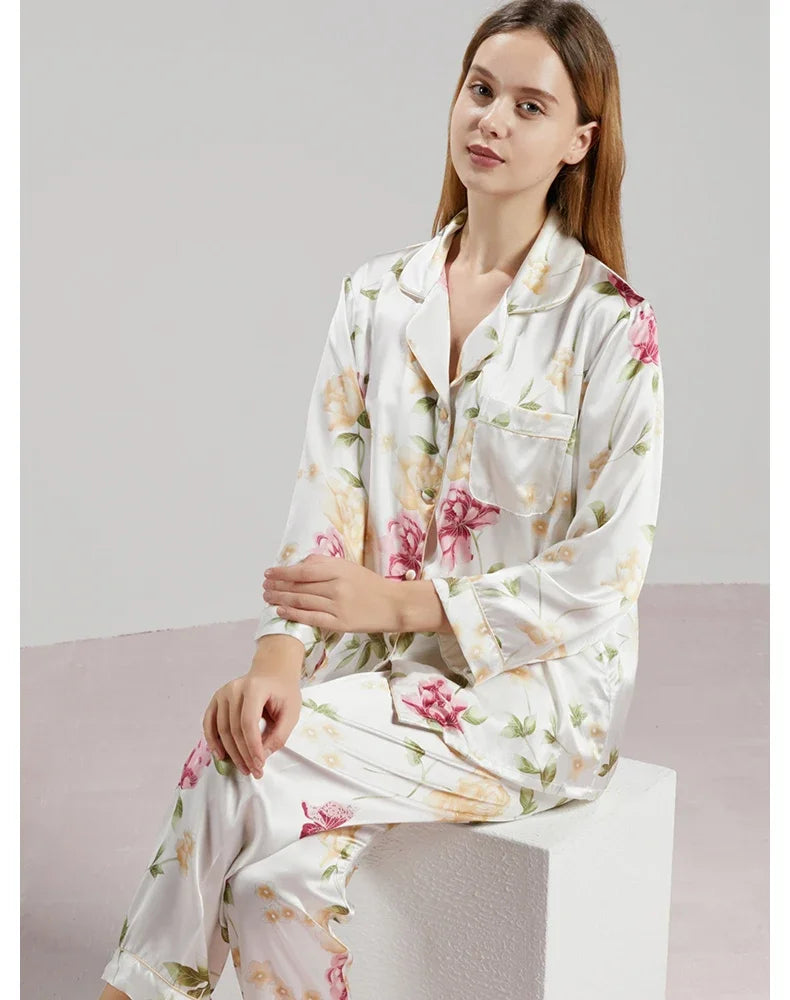 19MM 100% Mulberry Silk Pajamas Women   TrousersTwo-piece Loose   Home Clothes Spring Summer Silk Sleepwear Lady