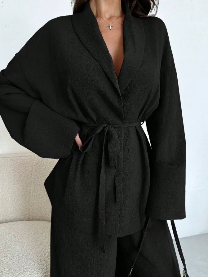 2025 Autumn Winter European American Fashion V-neck Women's Temperament Long-sleeved Elegant Wide-leg Pants Set