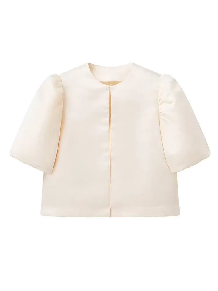 Women's casual satin shirt with puff sleeves, round neck, loose fit and short length, elegant and plain, for spring/summer.