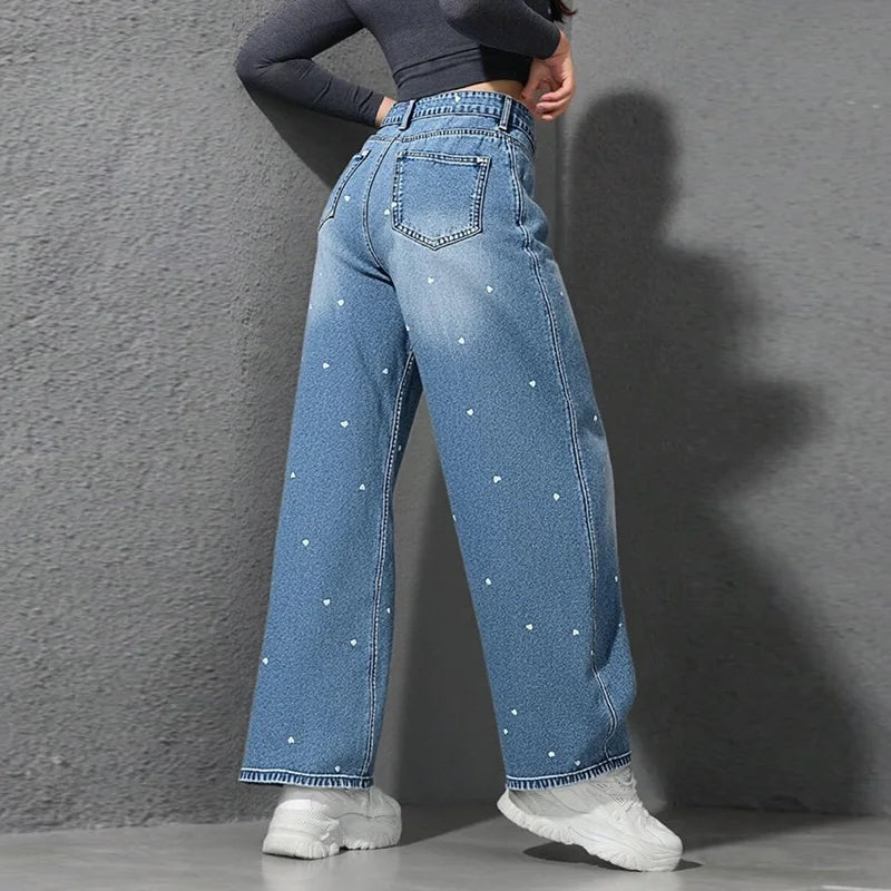 Benuynffy Heart Print High Waist Straight Jeans for Women 2025 New Streetwear Casual All Match Baggy Wide Leg Denim Pants Female