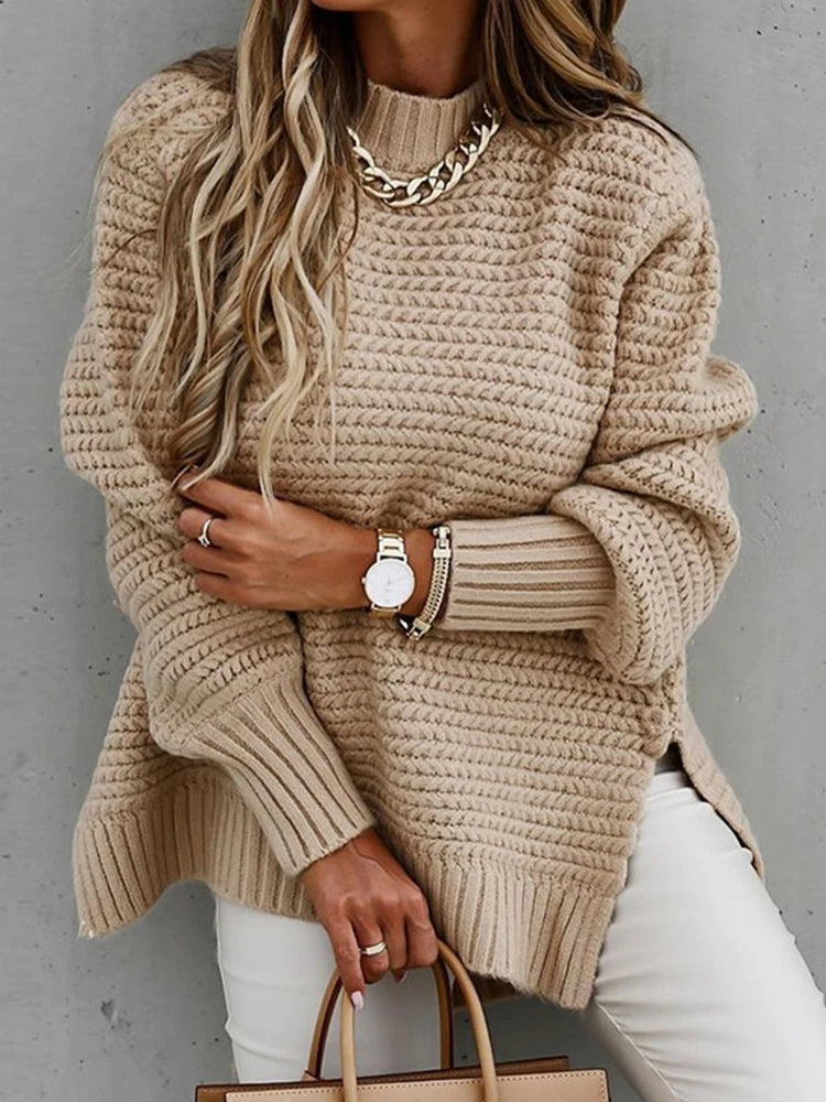 2025 New Loose Split Knitted Long Sleeve Thick Sweater Half High Neck Korean Fashion Pullover Autumn Winter Black Women Clothes