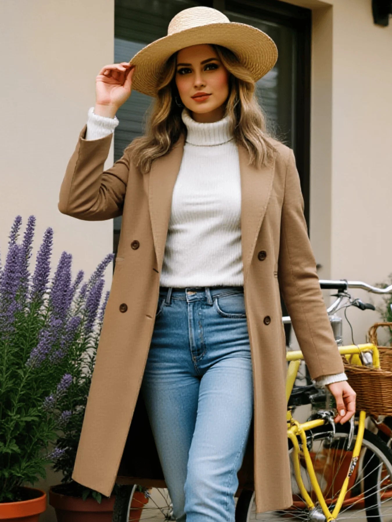 Women's Wool Overcoat Thickened Warm Double-Breasted Wool Coat for Autumn Winter, Button Accented Winter Wool Overcoat