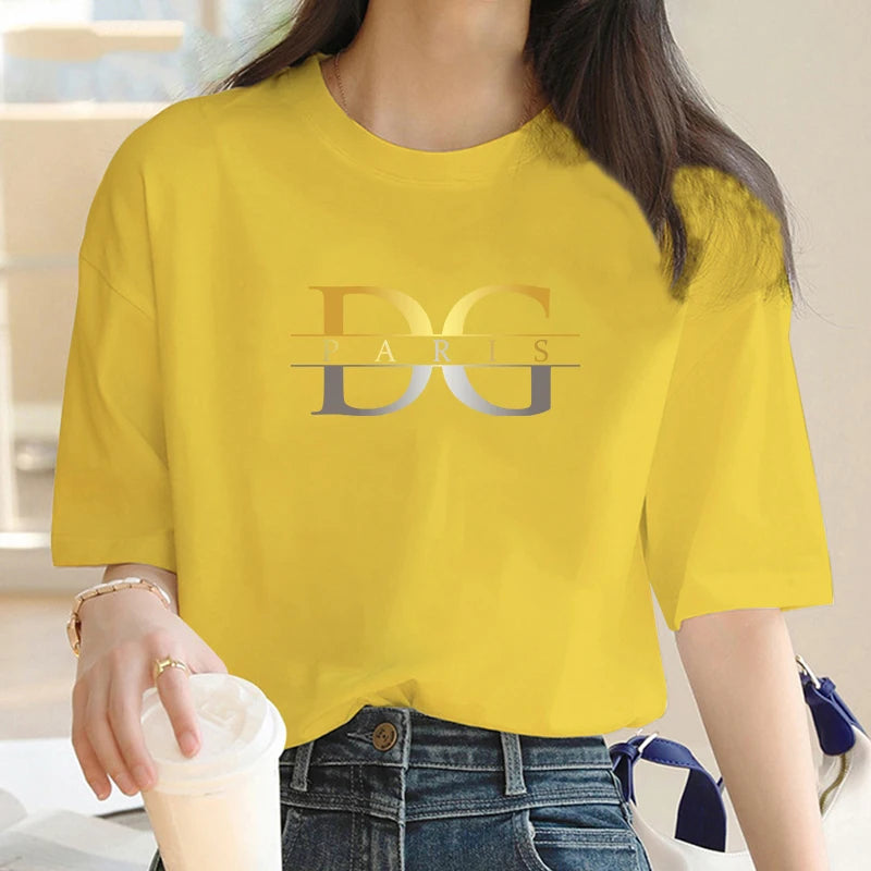 Luxury Brand Gold and Silver Gradient letter D Print Crew Neck Clothing Short Sleeve T-Shirt Trend Women's Summer Y2K Top