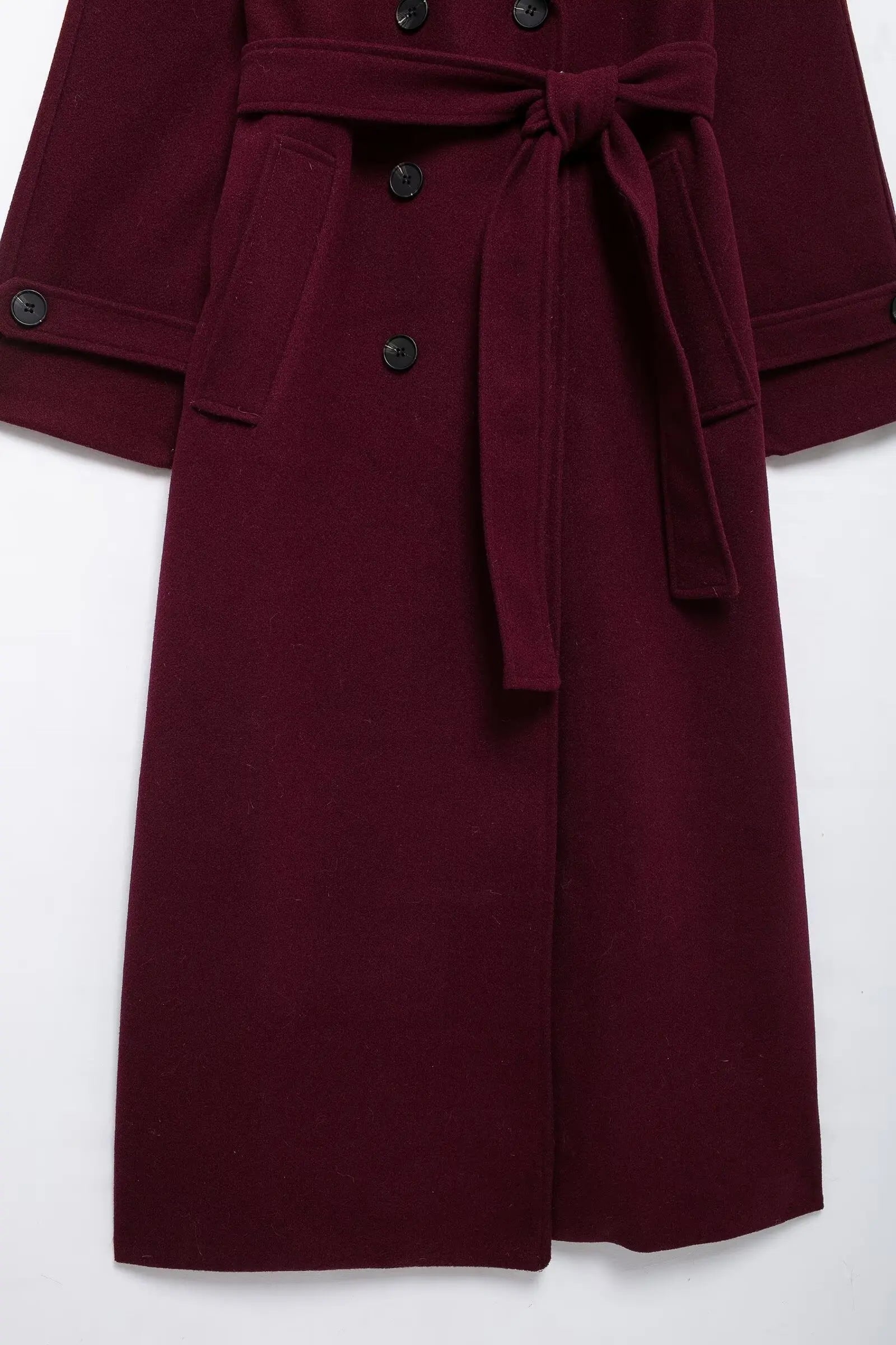 HH Women Elegant Burgundy Lapel Blend Maxi Overcoat Fashion Winter Double-Breasted Jacket with Belt Female Chic Trench Coat