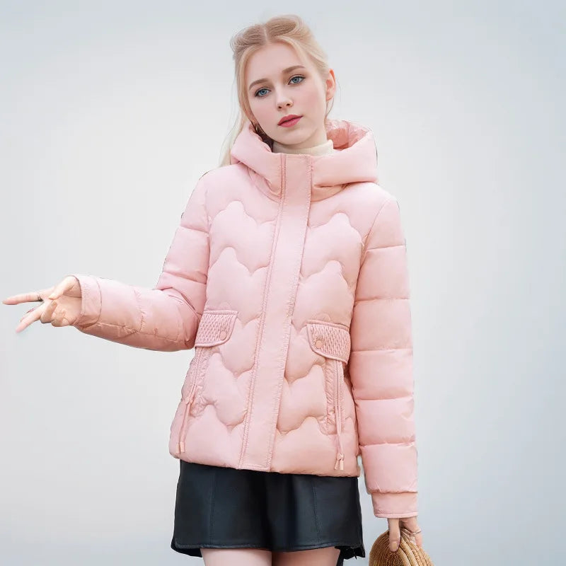 Drawstring Winter Women's Parka Jacket Solid Stand Collar Hooded Zipper Fly Padded Coat For Female Slouchy-Style Lady's Jacket