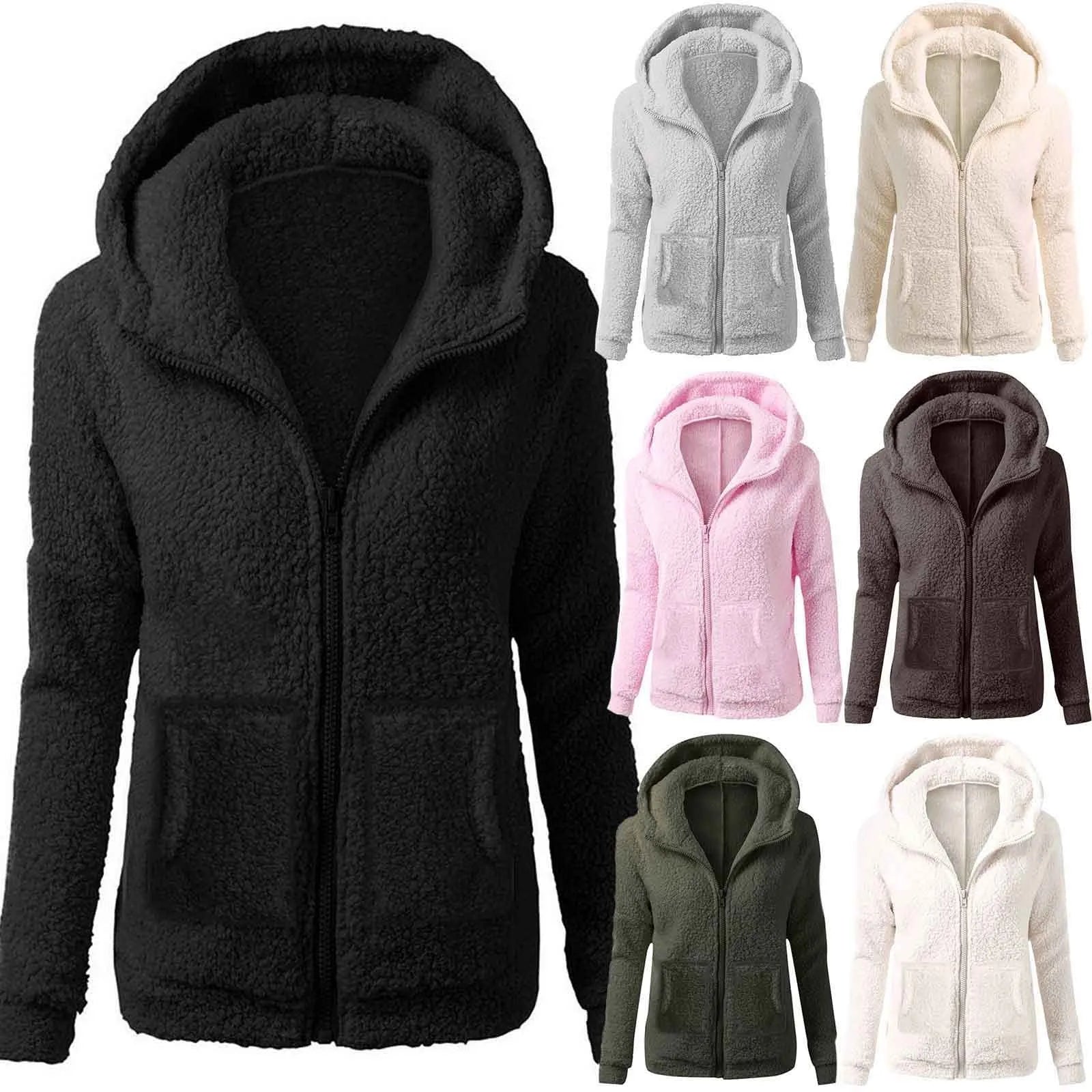 Women'S Fashion Jackets Solid Lambswool Coat Slim Straight Hooded Plush Zip Up Jackets Autumn Winter Simple Versatile Jackets
