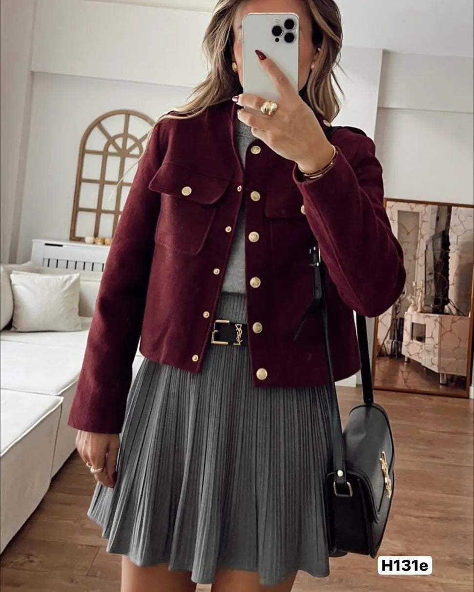 Women's Retro Wine Red Cropped Jacket Stand Collar Long Sleeve Buttoned Epaulettes Patch Pocket Coat Fall Winter New Jacket