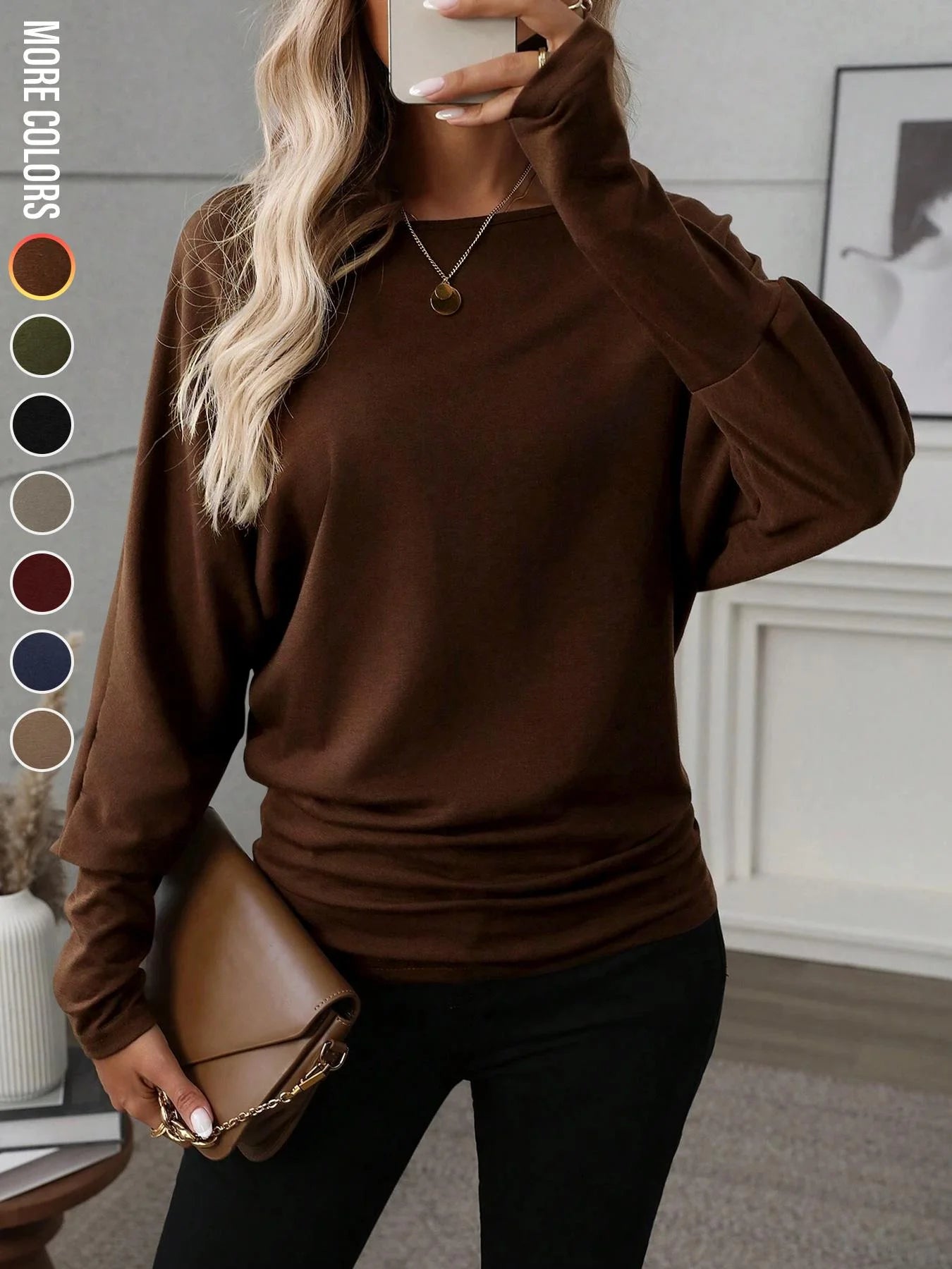 Women's Batwing Sleeve Solid Color T-Shirt, Elastic Long Sleeve Top, Casual Fashion Warm Base Layer, Perfect for Daily Wear & Pa