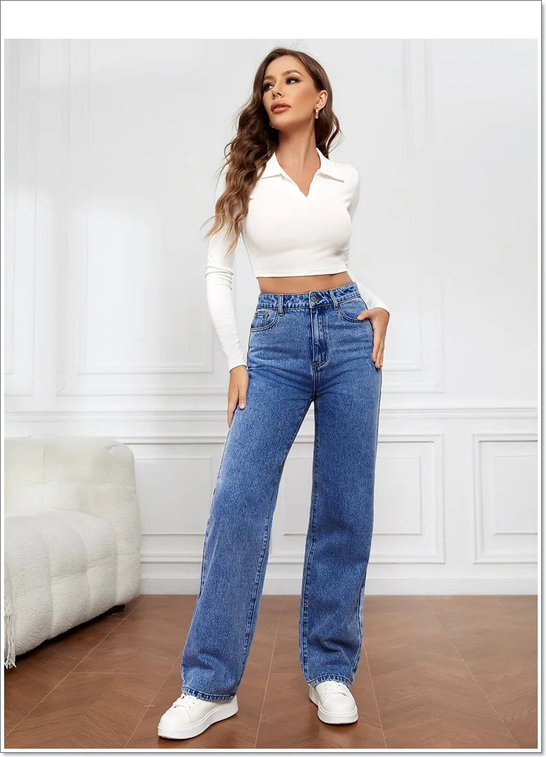2025 new European and American high-waisted water-washed women's jeans long fashionable and versatile straight-leg pants