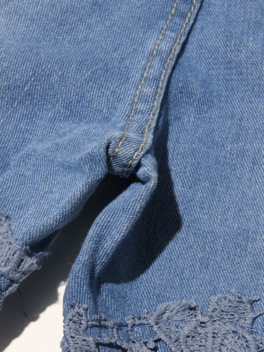 VGH Solid Slimming Hollow Out Temperament Denim Pants For Women High Waist Spliced Button Temperament Trousers Female Fashion