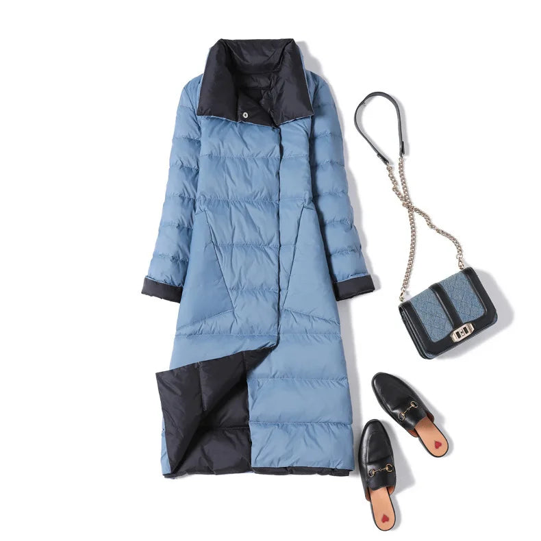 Winter Women White Duck Down Jacket Long Styles Oblique Pocket Lapel Double Sided Coat Female Single Breasted Warm Parka Outwear