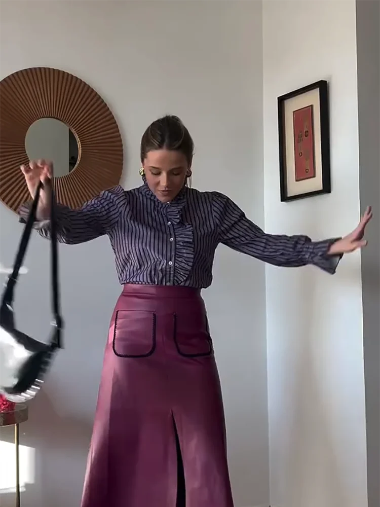 Yaphleet Women Elegant Ruffles Loose Purple Shirts 2025 Fashion Ladies Casual Blouses for Festival Female Chic Tops Clothes