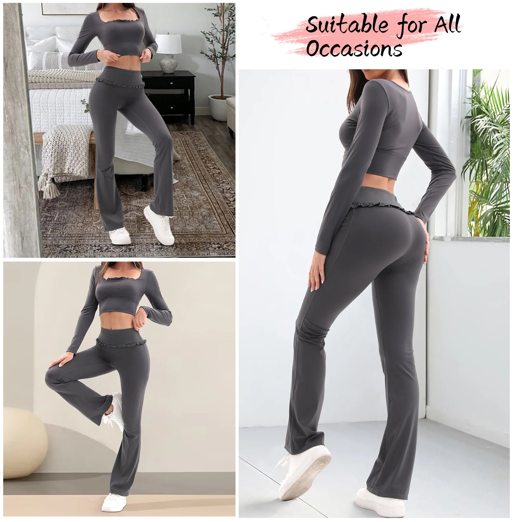 2-Piece Frill Yoga Set Women High Waist Tummy Control Flared Pants Long Sleeve Top Activewear Gym Running Classic Dark Grey