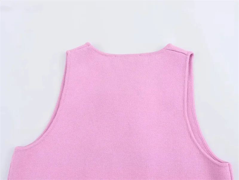 MUJER Knit Sleeveless Vest Woman Fashion Pink Knitted Cropped Vest Women Double Breasted Summer Vest Top Women New In Short Coat