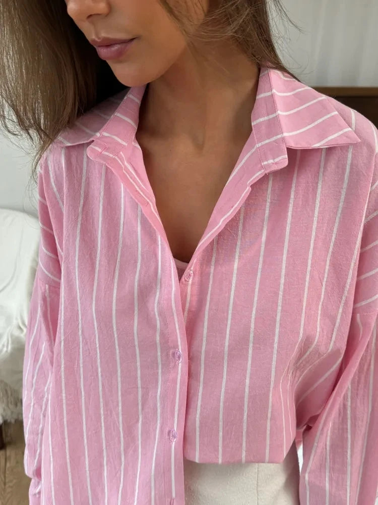 2025 summer striped shirt for women's clothing with a lazy and long sleeved design, hot selling breathable cardigan