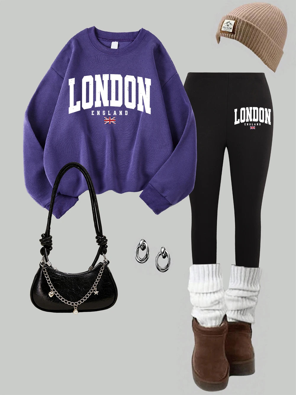 2 Piece Womens London England Flag Printing Sweatshirts Leggings Set Street Fleece Thermal Hoodie Pants Winter Womans Clothes