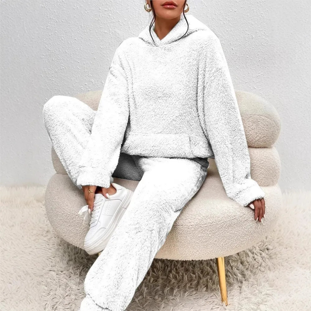 Autumn Winter Plush Hooded Sweatshirt Trousers 2 Piece Set Women's Fashion Pocket Warm Casual Home Clothing Hoodie Trousers Suit