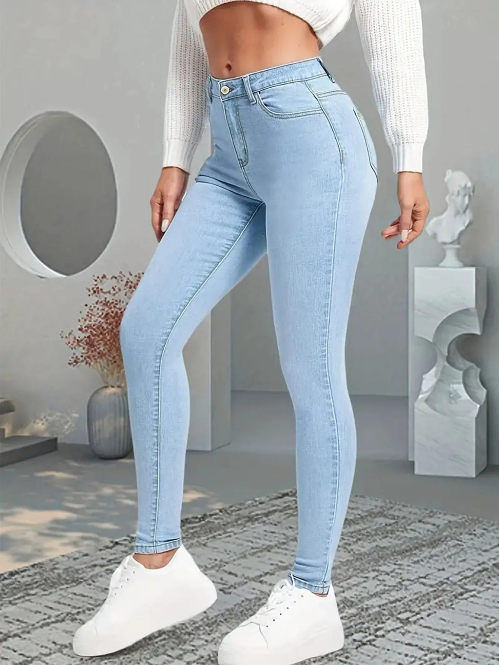 Trendy Y2k Jeans For Woman Blue Stretch Slim Fit Denim Pants Vintage Style High Waist Trousers Fashion Comfort Daily Wear