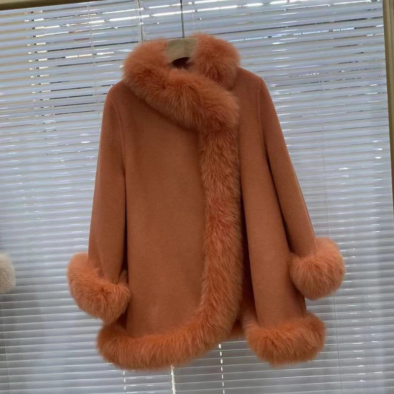 2025 Real Fur Coat Winter Jacket Women Natural Fox Fur Collar Warm Cashmere Wool Woolen Ladies Outerwear Streetwear Fashion