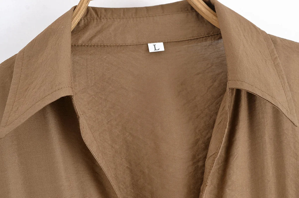 Women Adjustable Drawstring Waist Safari Shirt Short Sleeve Lapel Collar With   Pockets Loose Blouse Streetwear Lady Shirts