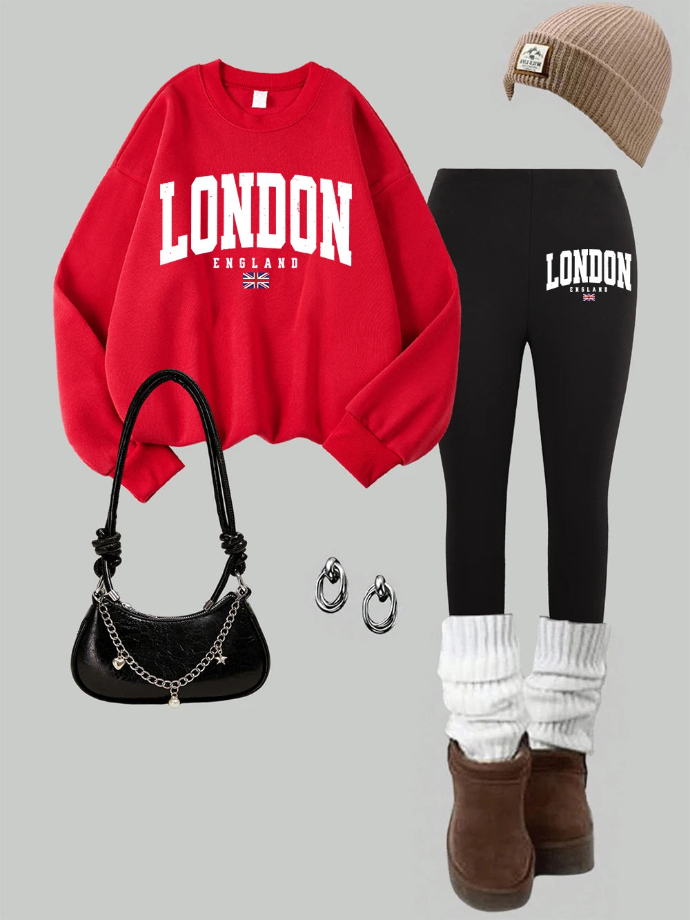 2 Piece Womens London England Flag Printing Sweatshirts Leggings Set Street Fleece Thermal Hoodie Pants Winter Womans Clothes