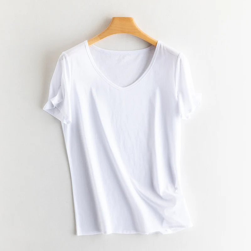 Summer Short Sleeve T-Shirt Women Tee Shirts Real Silk Linen Cotton T Shirt Women's Casual Tees V-neck Woman Tshirt Solid Tops