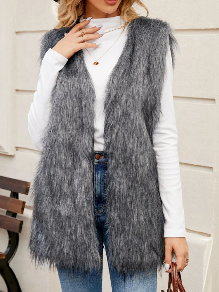 VigoCasey 2025 White Sleeveless Thick Faux Fur Vest Coat Woman V Neck Plush Warm Waistcoat Lady Autumn Winter Fluffy Vest Jacket