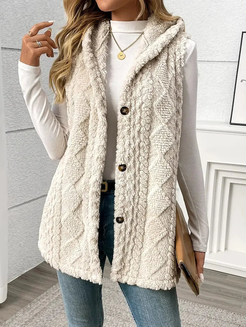 VigoCasey 2025 Casual Sleeveless Thick Vest Coat Woman Solid Hooded Warm Plush Waistcoat Lady Autumn Winter Apricot Vest Jacket