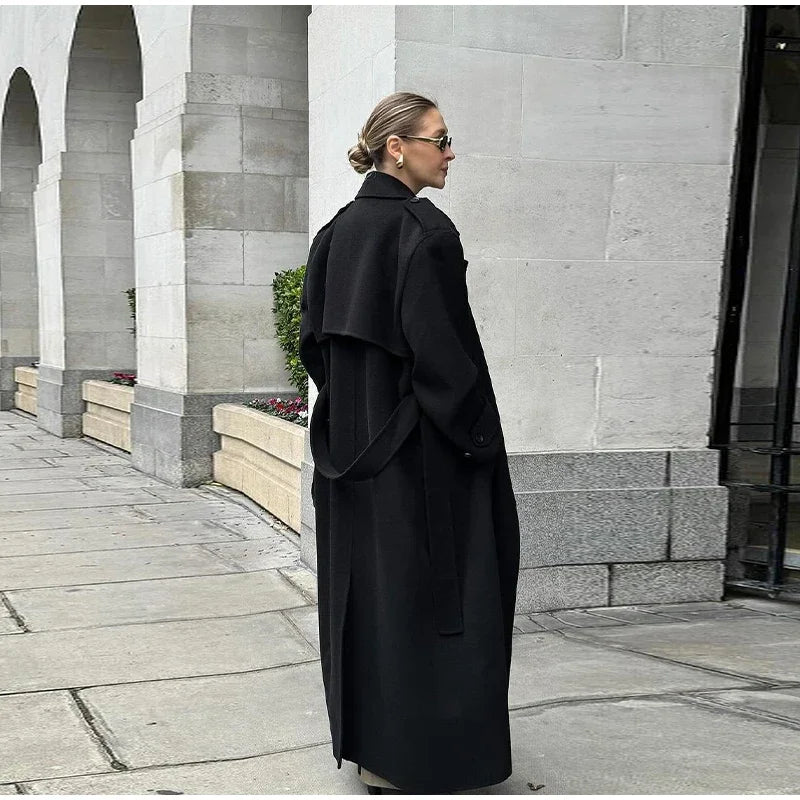 Belts Double Breasted Women's OverCoat Elegant Laple Pocket Full Sleeve Female Coat 2025 Autumn Winter Fashion New Lady Outwears