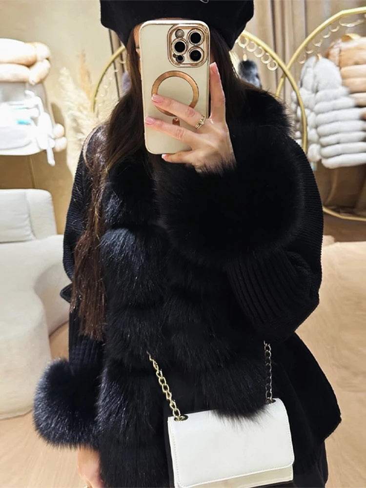 Chic Knitted Faux Fur Patchwork Women's Coat Thicken Warm Lady Coats 2025 Autumn Winter Chic Female Street Outerwears