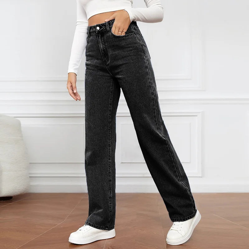 2025 new European and American high-waisted water-washed women's jeans long fashionable and versatile straight-leg pants