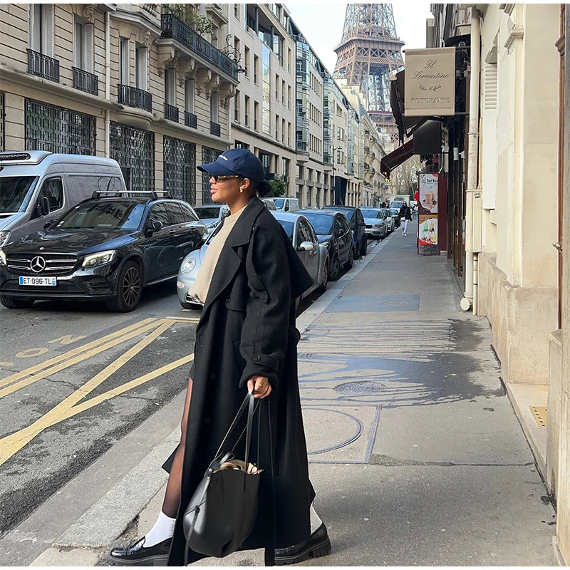 Belts Double Breasted Women's OverCoat Elegant Laple Pocket Full Sleeve Female Coat 2025 Autumn Winter Fashion New Lady Outwears