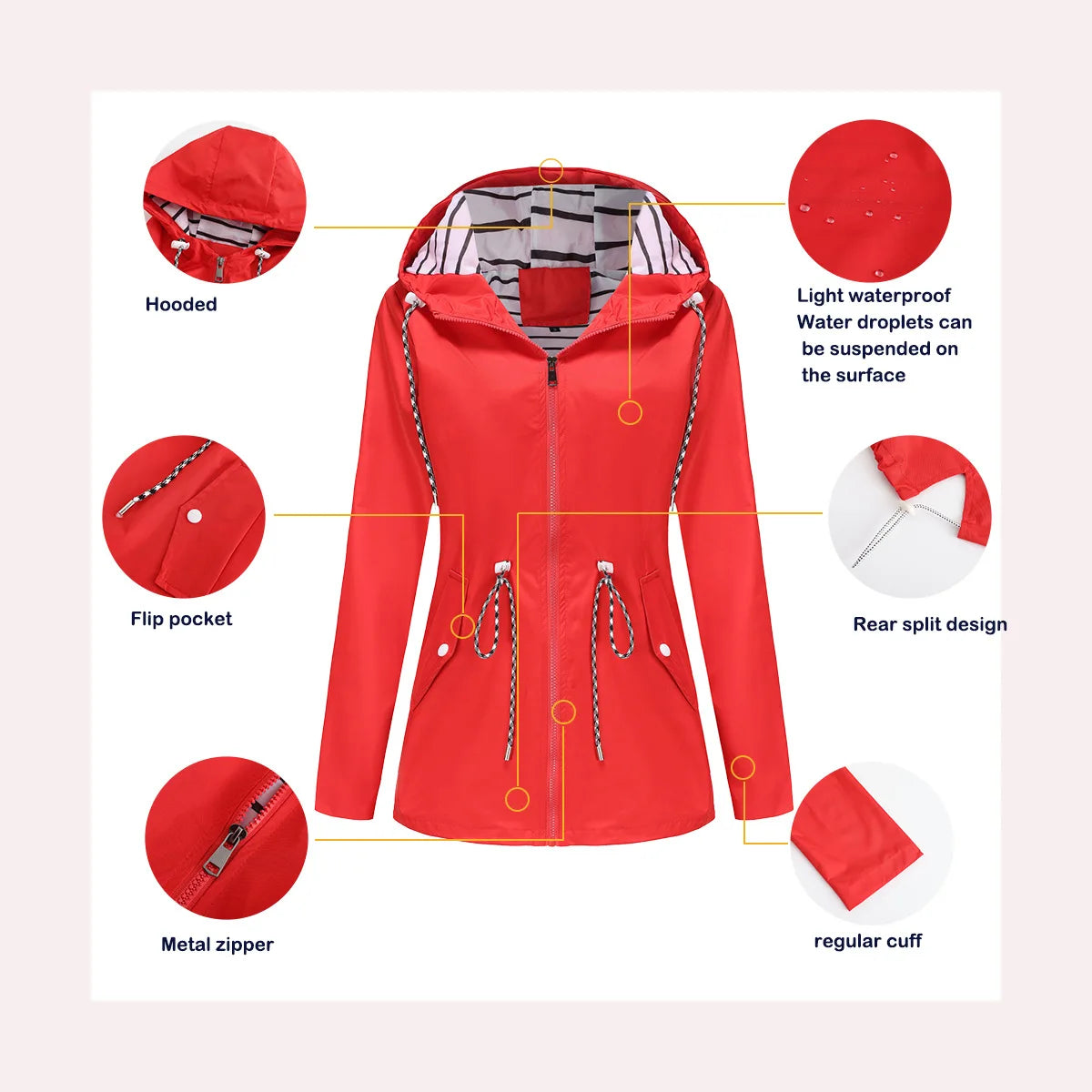 Red Waterproof Hooded Jacket, Women Fashion Casual Coat, Waist Drawstring Tie Zipper Switch Blue Green Yellow Black Windbreaker