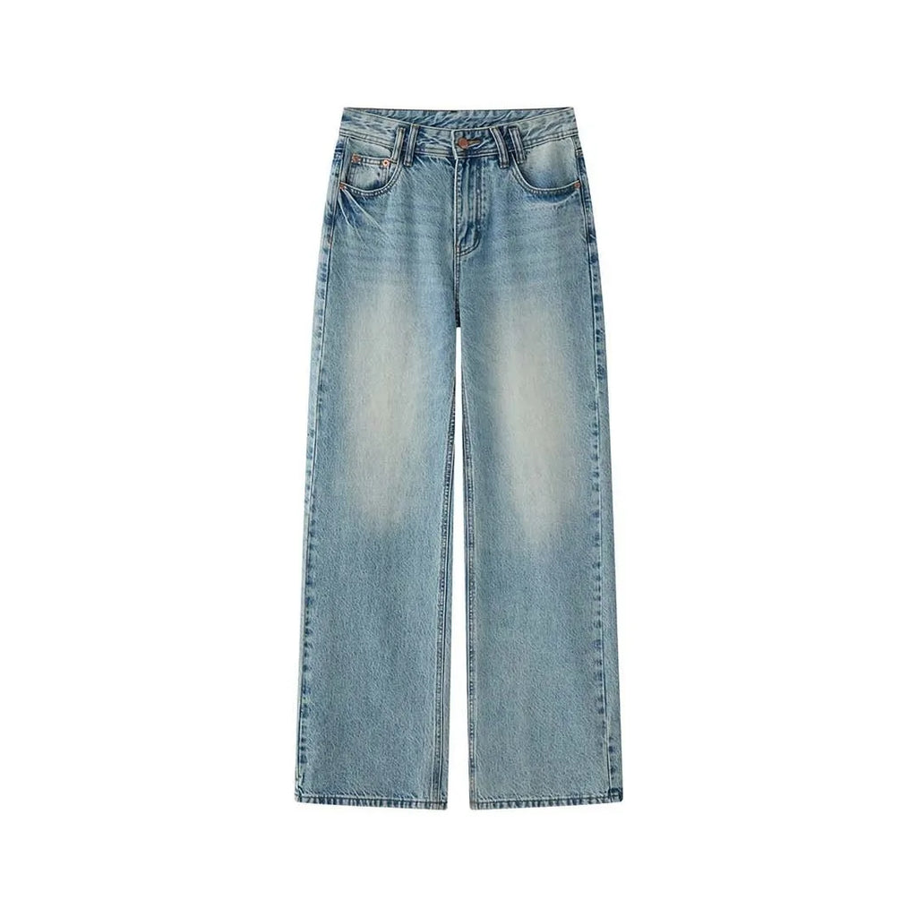 2025 Autumn Winter Retro Polished White Washed Jeans Women Neat Straight Leg 100% Cotton Denim Pants Blue