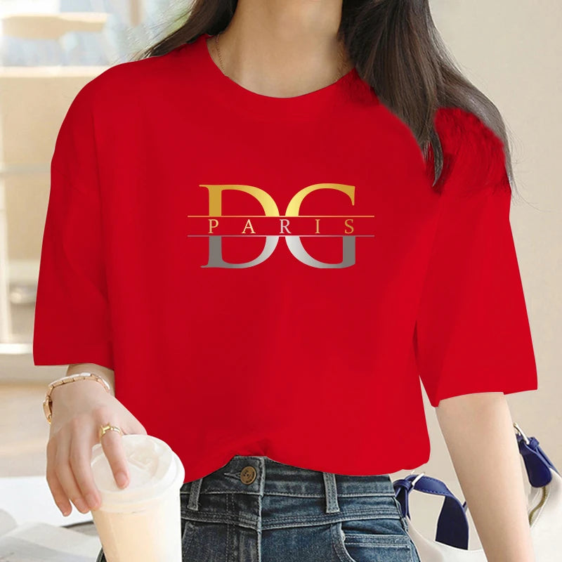 Luxury Brand Gold and Silver Gradient letter D Print Crew Neck Clothing Short Sleeve T-Shirt Trend Women's Summer Y2K Top