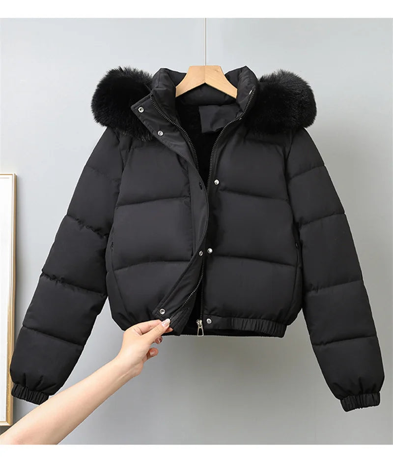 Winter Short Parkas Women's Cotton-padded Clothes Add Velvet Thicken Outerwear Fur Collar Removable Hooded Coats Warm Jackets