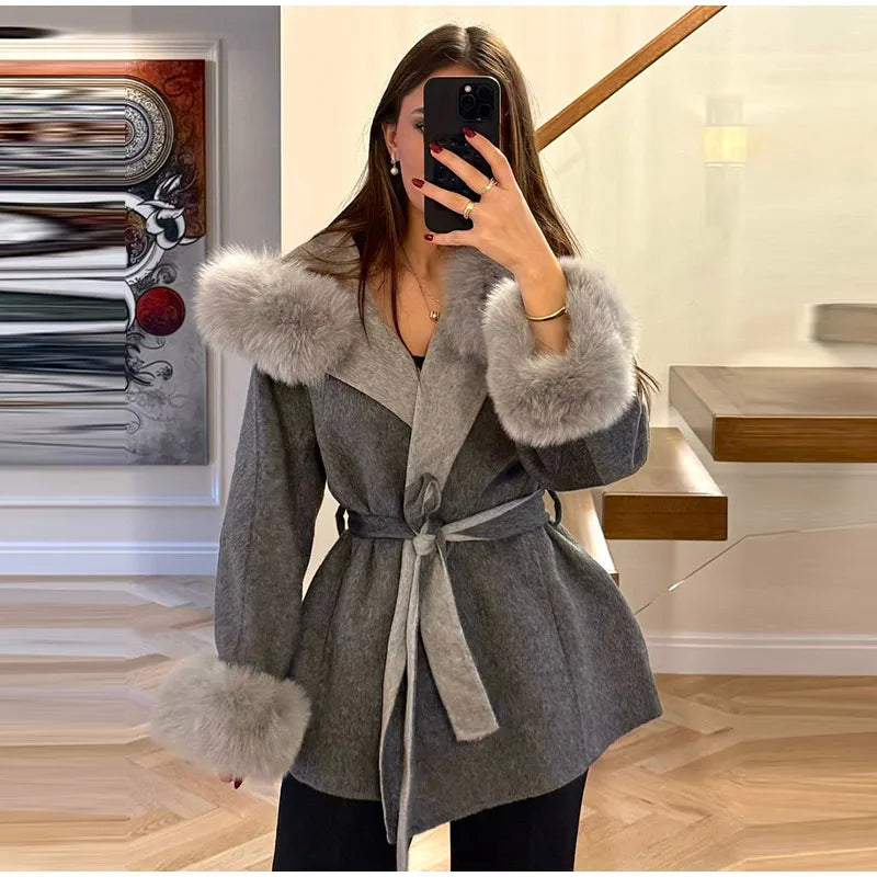 Elegant Women's Faux Fur Hoody Coat Furry Patchwork Lace Up Full Sleeve Female Jacket 2025 Autumn Winter New Lady Warm Outerwear