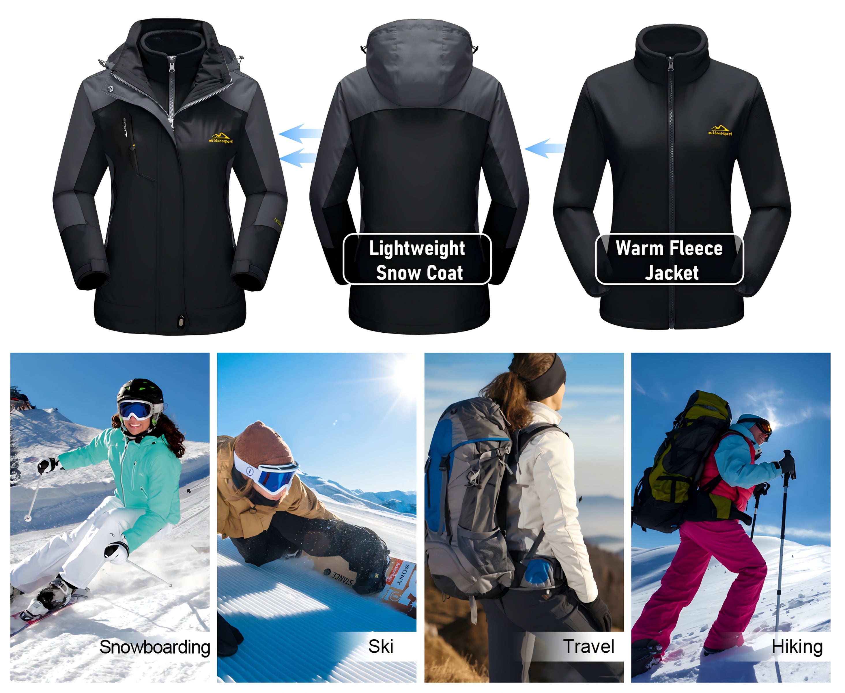 Women's 3-in-1 Winter Coats Lined Winter Snow Ski Jacket Parka Hiking Hooded Coat Multi-pocket Winter Camping Parka Wear Resistant Snowboarding Warm Jacket