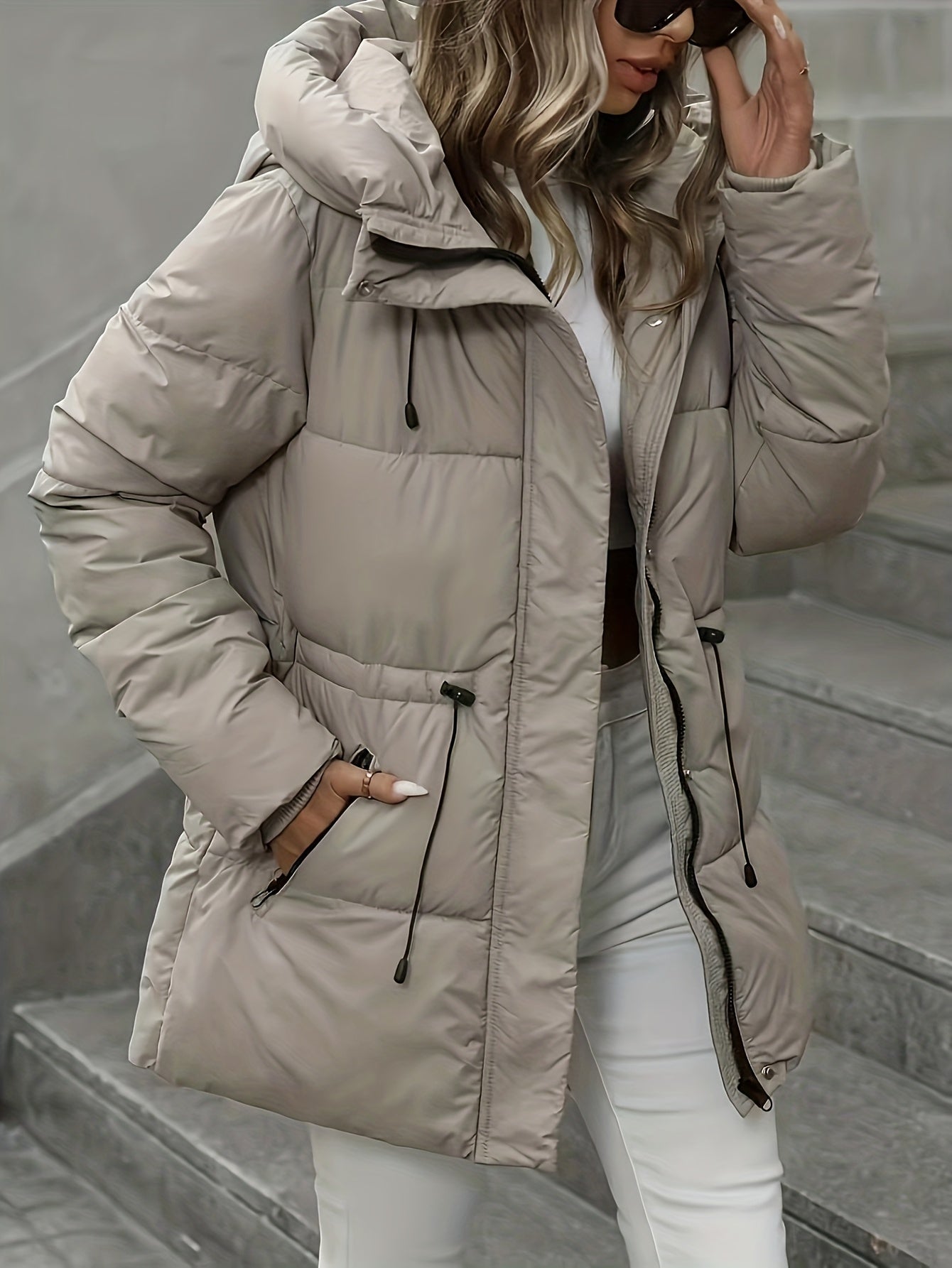 2025 New Autumn/Winter Collection: Mid-Length Puffer Coat Thickened, Warm Hooded Jacket Fashionable Casual Style with Adjustable Belt Features Zipper Closure Ideal for Daily Commuting And Outdoor