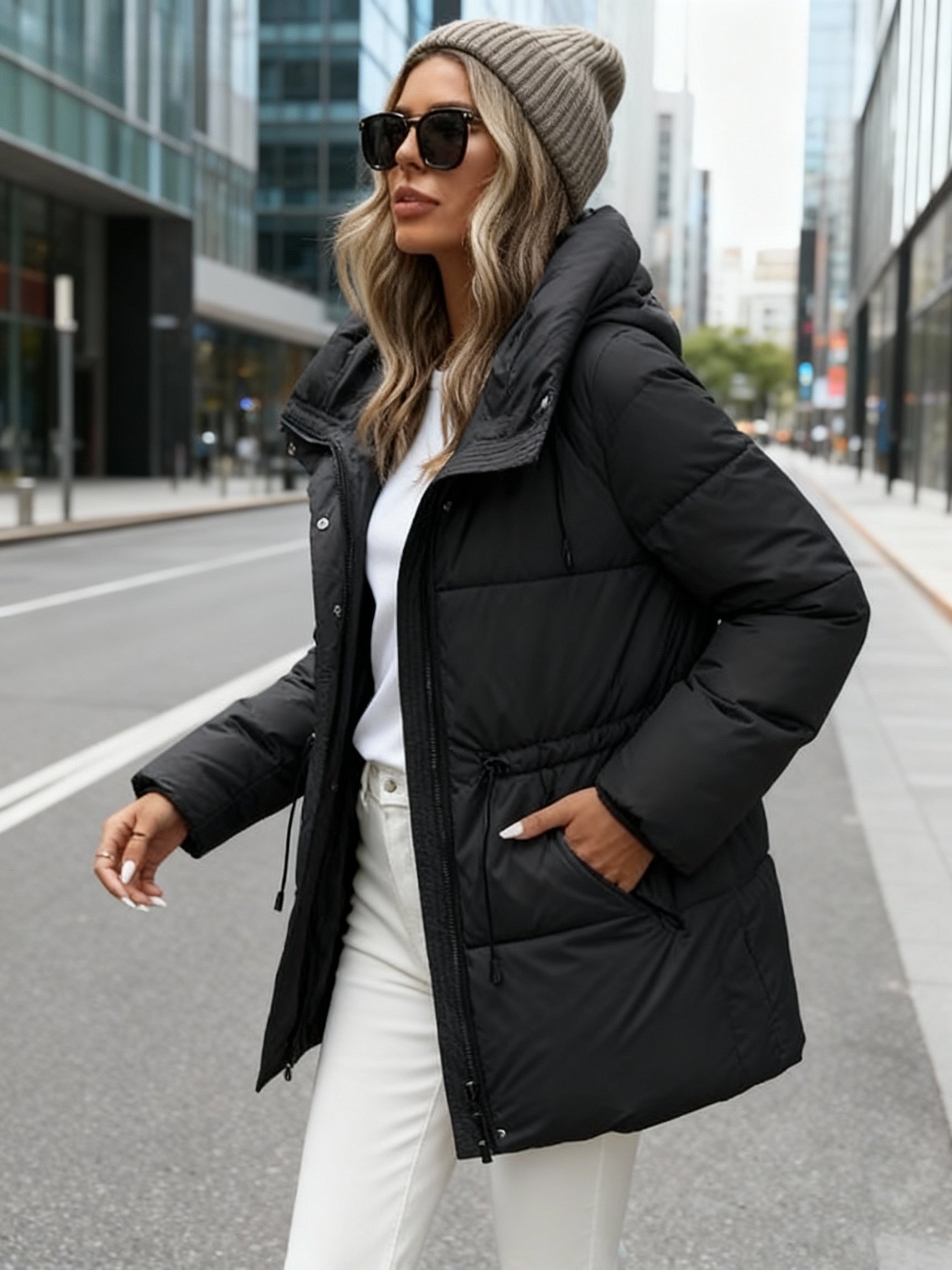 2025 New Autumn/Winter Collection: Mid-Length Puffer Coat Thickened, Warm Hooded Jacket Fashionable Casual Style with Adjustable Belt Features Zipper Closure Ideal for Daily Commuting And Outdoor