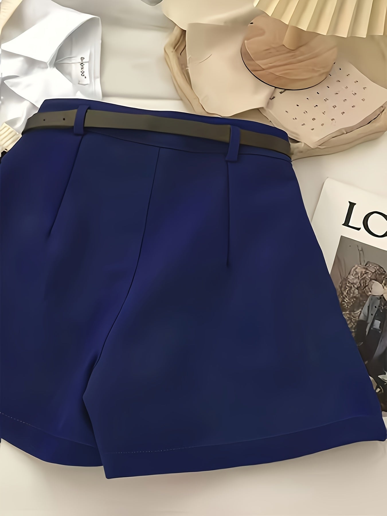 [Elegant Women's Shorts] Elegant Non-Stretch Women's Office & Formal Shorts | Structured Fabric for Business, Parties, Everyday - Navy Blue, All-Season Professional & Casual Pants (No Belt Needed) - Easy-Care, Sophisticated L