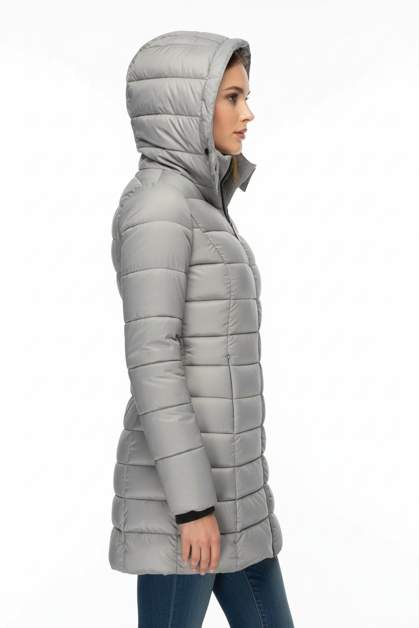 Casaco puffer cinza - vista lateral